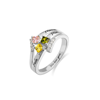 Engraved Mother's Princess-Cut Birthstone Ring Sterling Silver