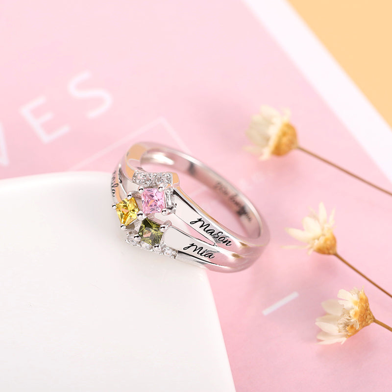 Engraved Mother's Princess-Cut Birthstone Ring Sterling Silver