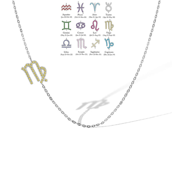 Custom Zodiac Sign Sideway Necklace with Birthstone - Symbol Style