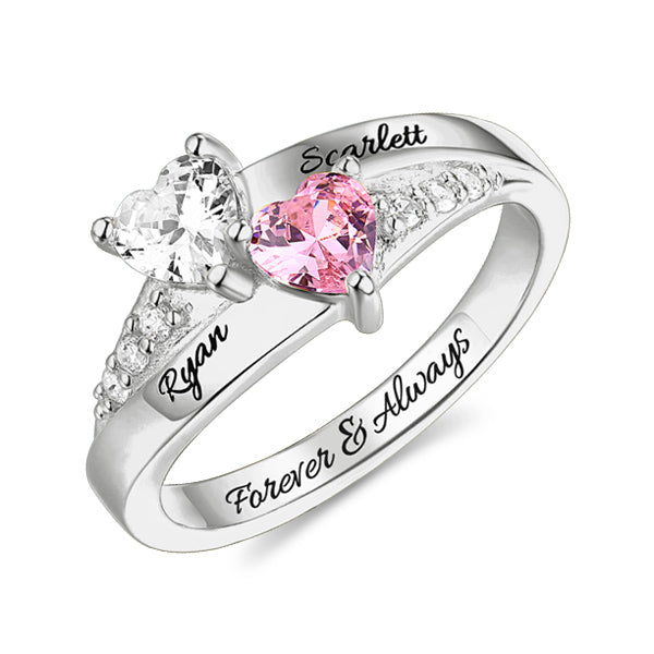Personalized Engraved Double Heart Birthstone Promise Ring with Rose R