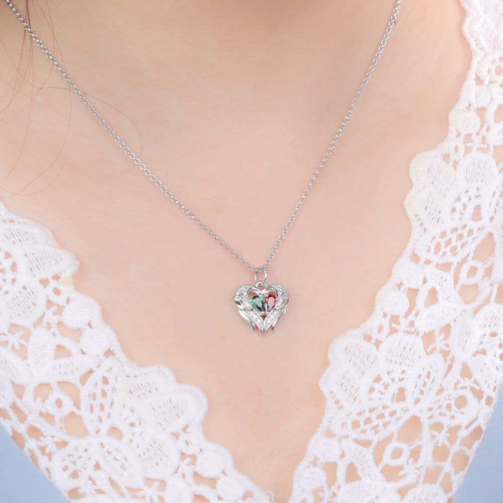 Personalized Angel Wing Necklace with 2 Birthstones