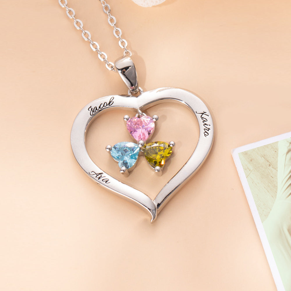 Personalized 3 Heart Birthstones Necklace with Engraving in Silver