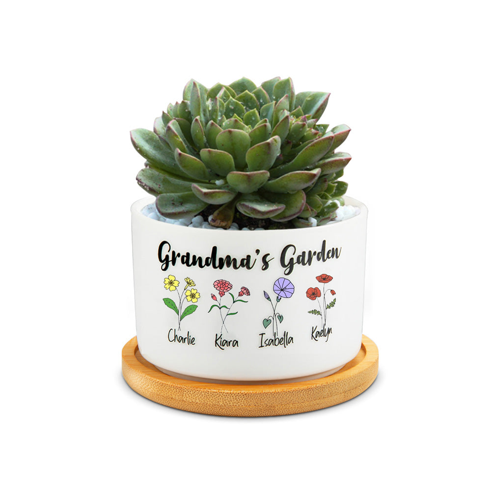 Personalized Ceramics Birth Flower Plant Pot Planter with Names Gift for Grandma Mom Small