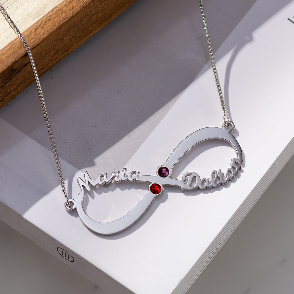 2 Names & Birthstones Infinity Love Necklace Sterling Silver