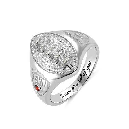 Personalized Football Ring with Birthstone and Engraving in Silver