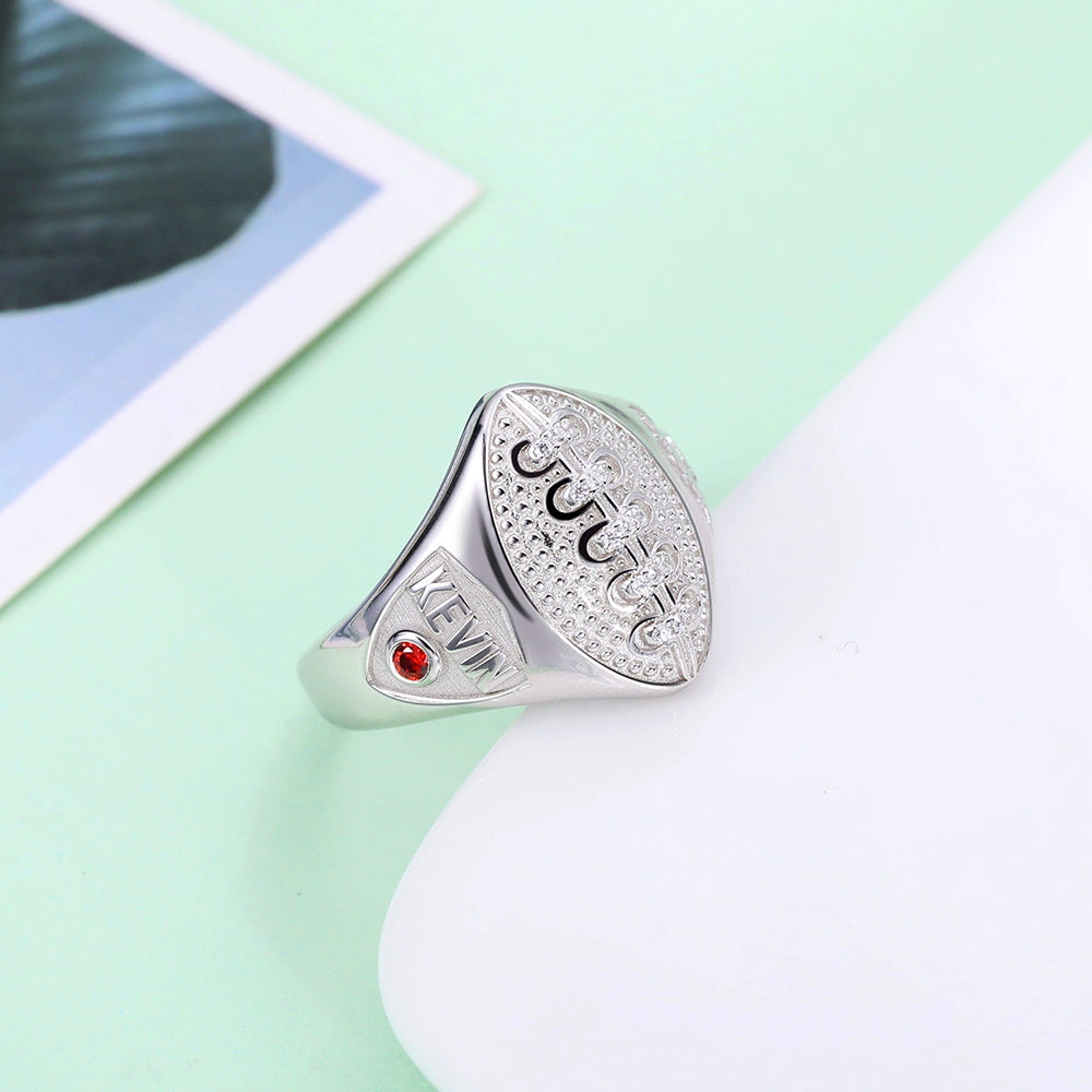 Personalized Football Ring with Birthstone and Engraving in Silver