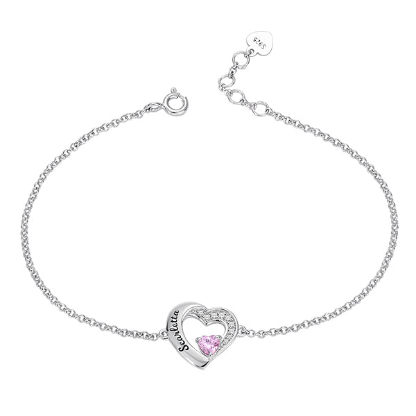 Personalized Heart Birthstone Bracelet in Silver