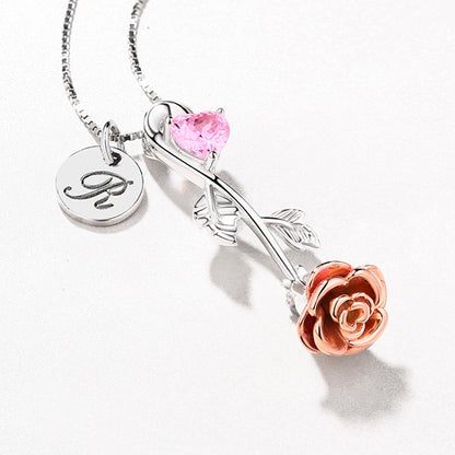 Rose Heart Birthstone Necklace With A Initial Round Tag