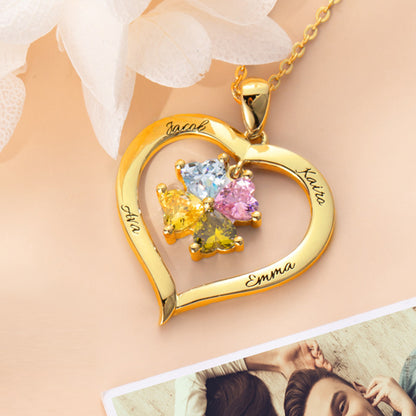 Personalized 4 Heart Birthstones Necklace with Engraving in Silver