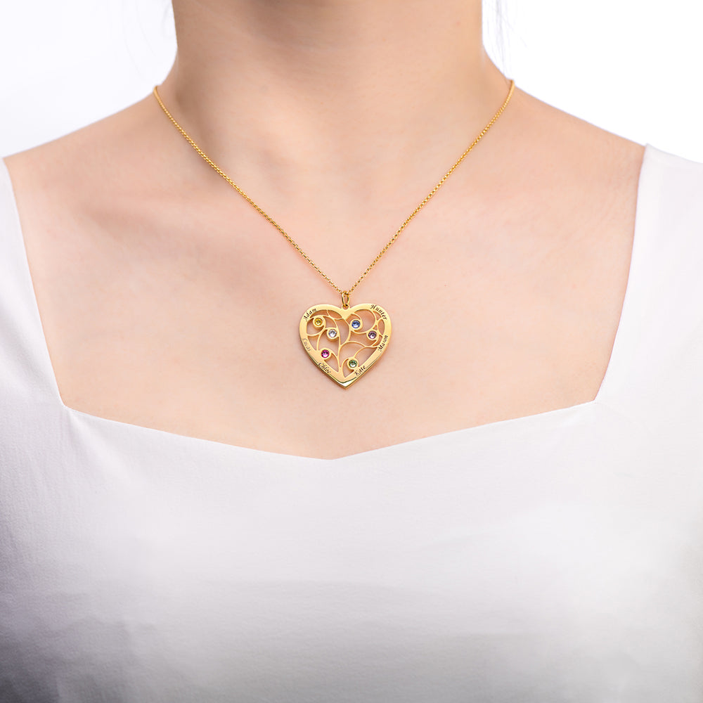 Sterling Silver Heart Family Tree Necklace Engraved with Name& Birthstones