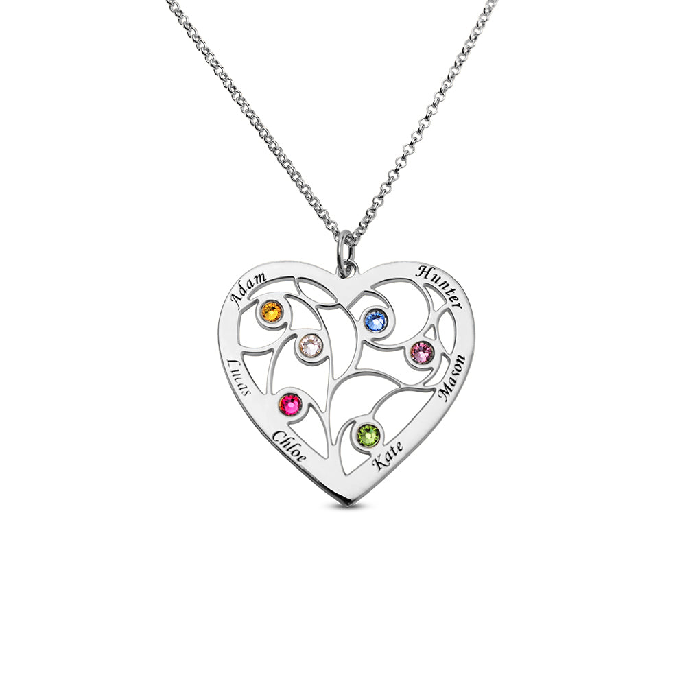 Sterling Silver Heart Family Tree Necklace Engraved with Name& Birthstones