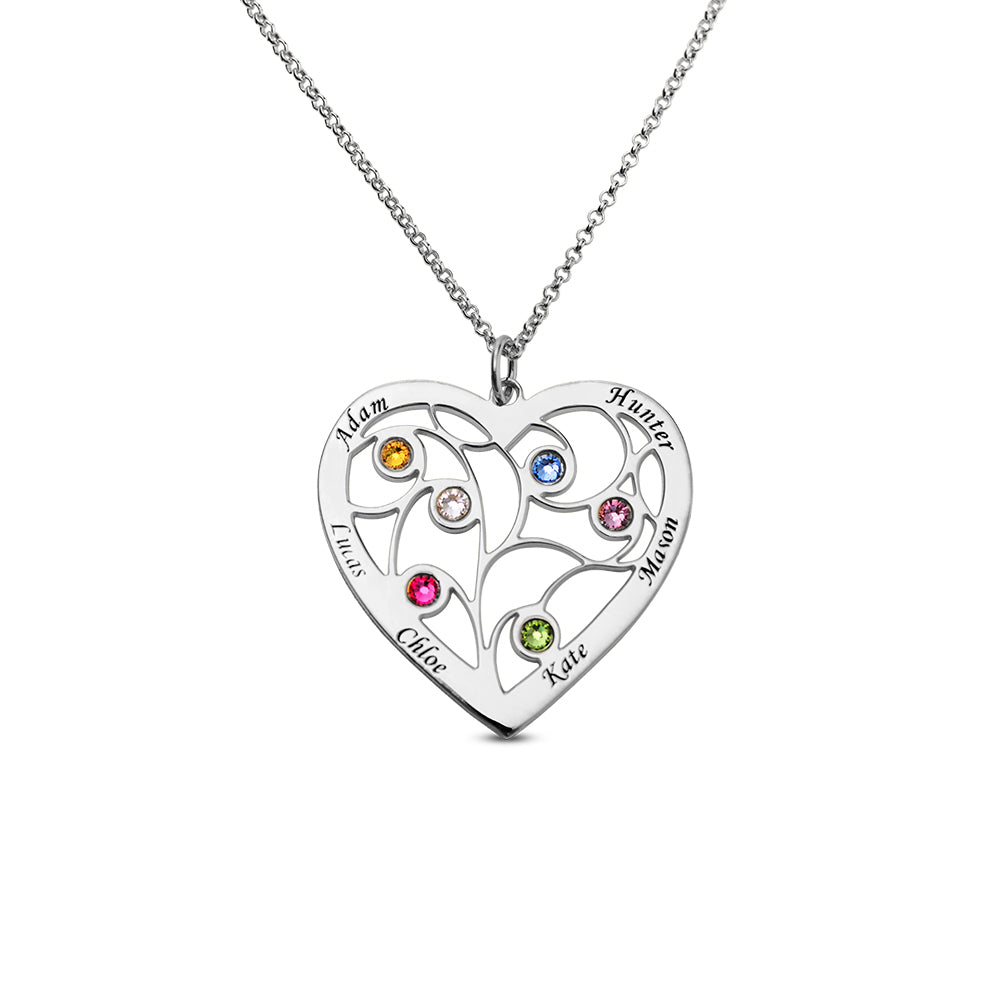 Sterling Silver Heart Family Tree Necklace Engraved with Name& Birthstones