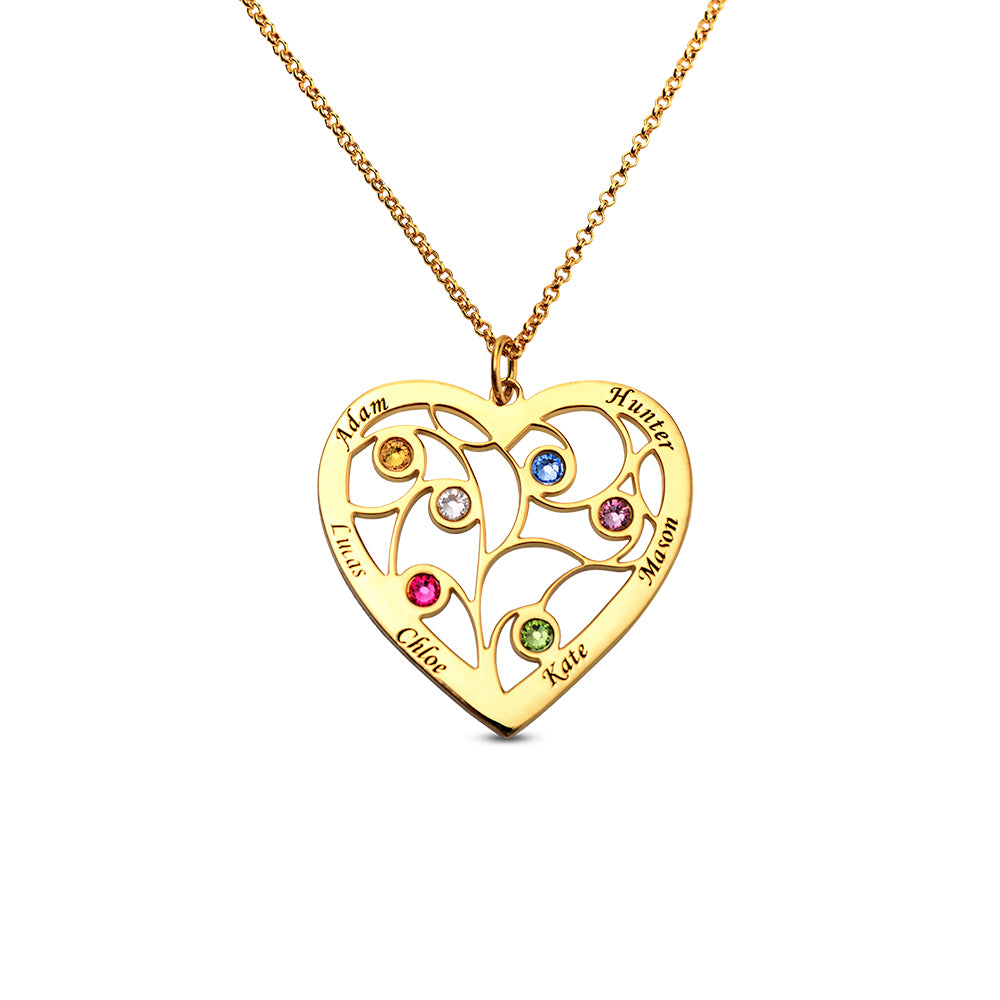 Sterling Silver Heart Family Tree Necklace Engraved with Name& Birthstones