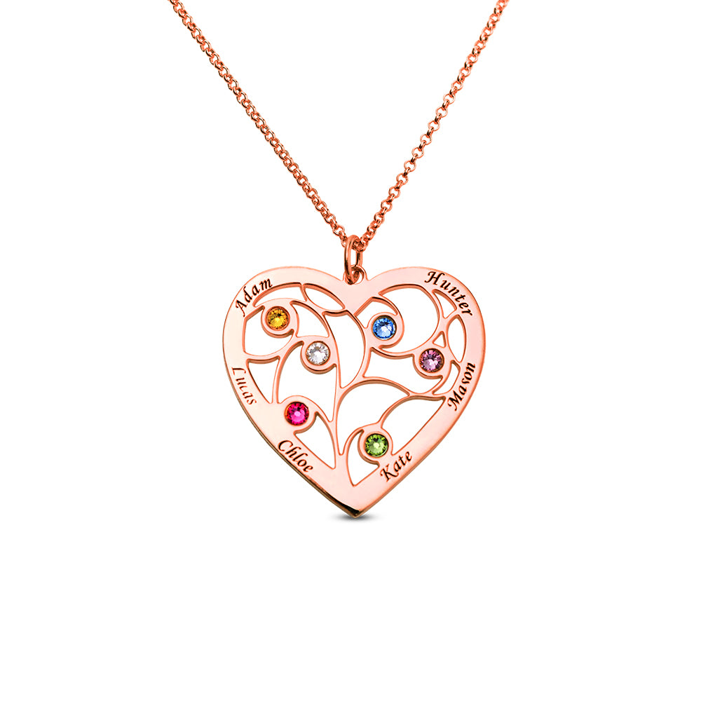 Sterling Silver Heart Family Tree Necklace Engraved with Name& Birthstones