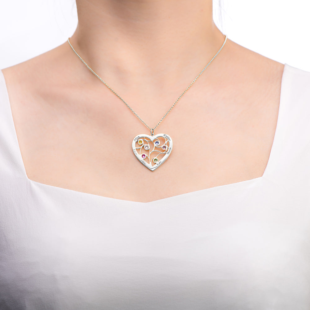 Sterling Silver Heart Family Tree Necklace Engraved with Name& Birthstones