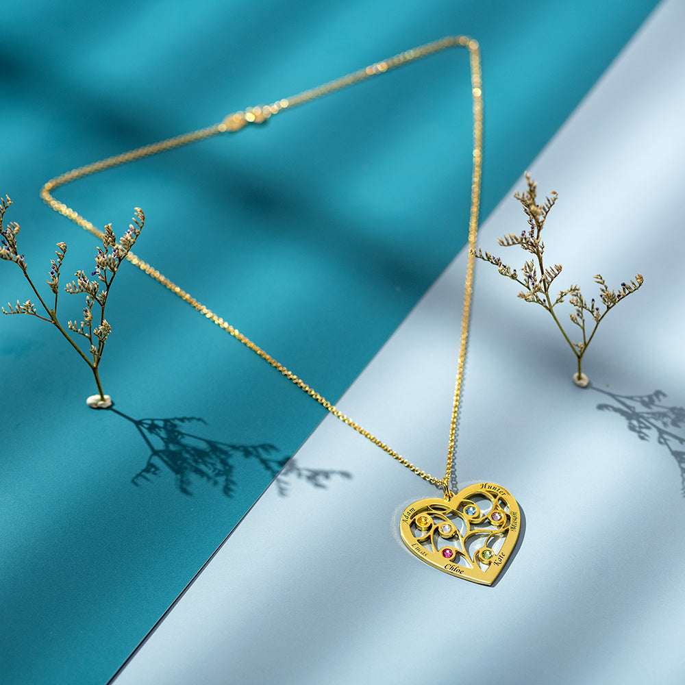 Sterling Silver Heart Family Tree Necklace Engraved with Name& Birthstones