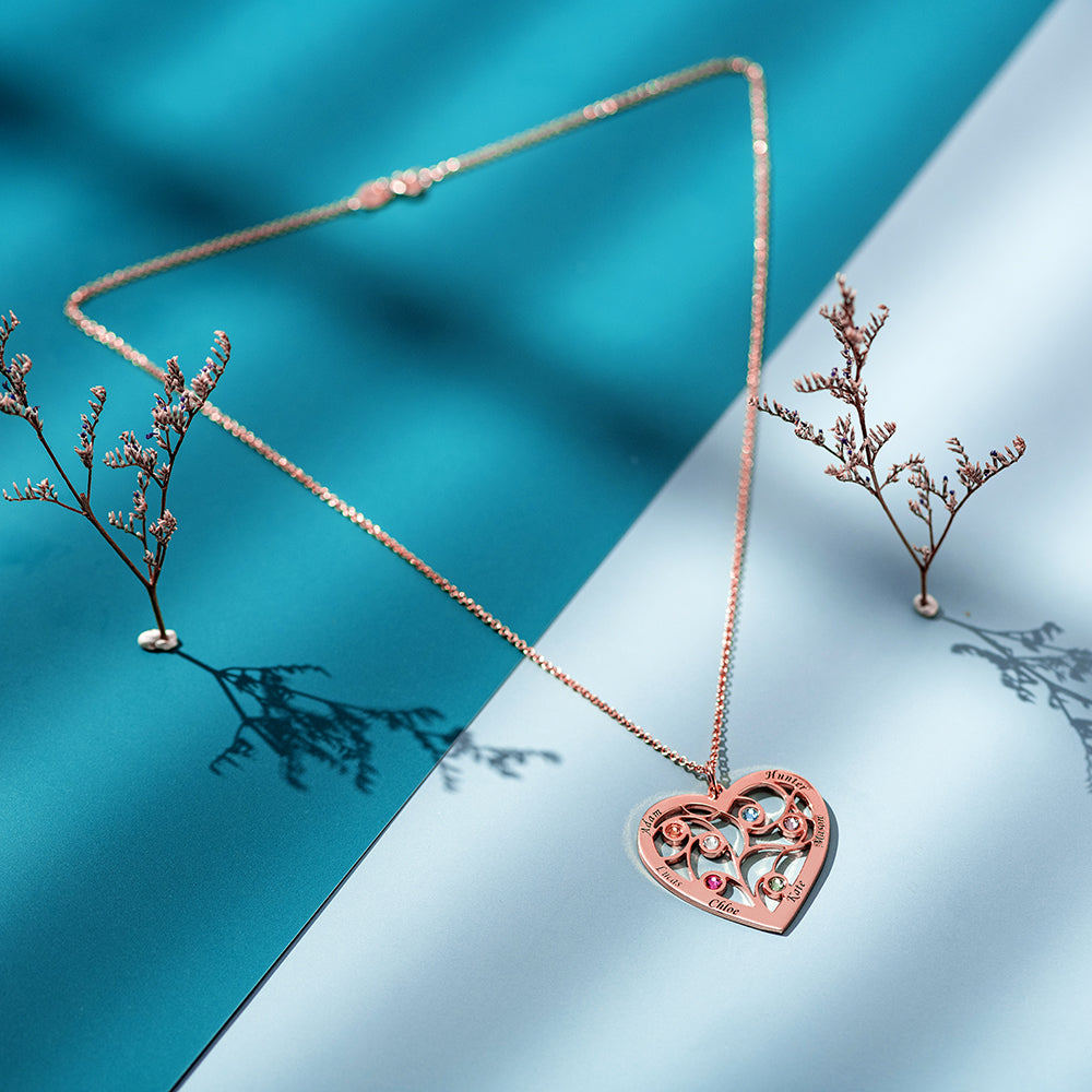 Sterling Silver Heart Family Tree Necklace Engraved with Name& Birthstones