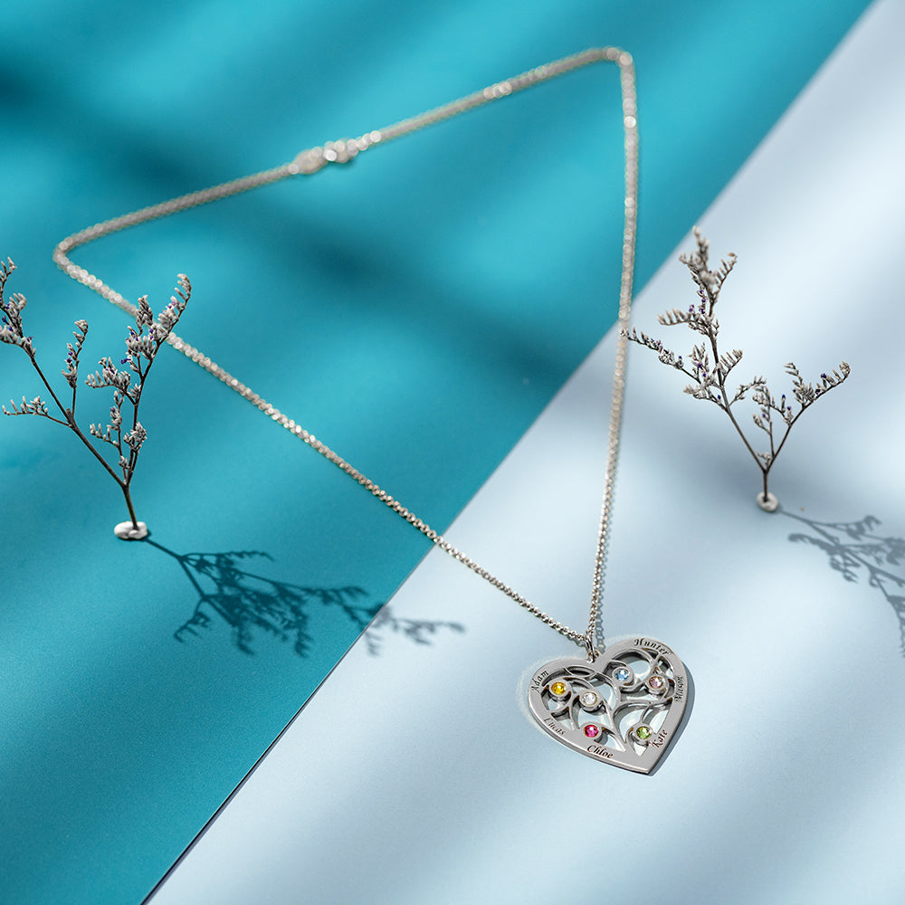Sterling Silver Heart Family Tree Necklace Engraved with Name& Birthstones