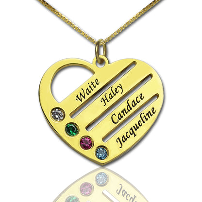 1-4 Names & Birthstones Heart Pendant Necklace Gift Cards & Box Set
