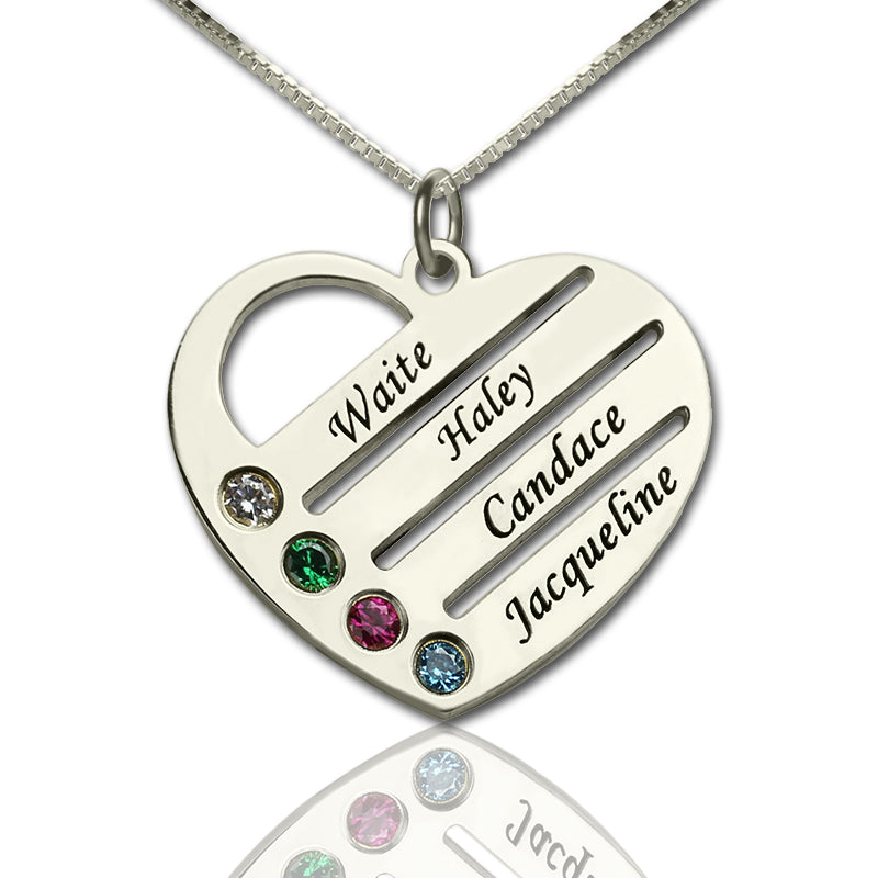 1-4 Names & Birthstones Heart Pendant Necklace Gift Cards & Box Set
