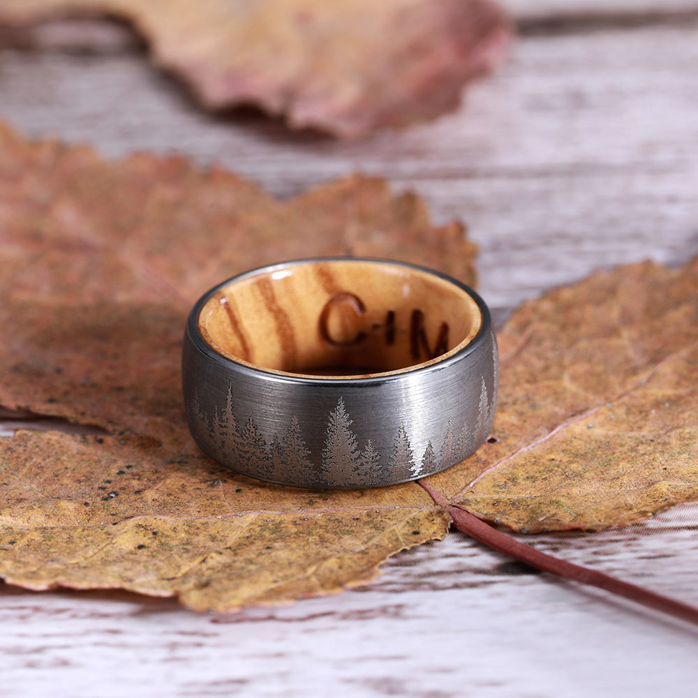 Engraved Wood Ring With Forest Trees Nature Ring With Ring Box
