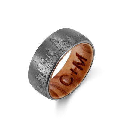 Engraved Wood Ring With Forest Trees Nature Ring With Ring Box