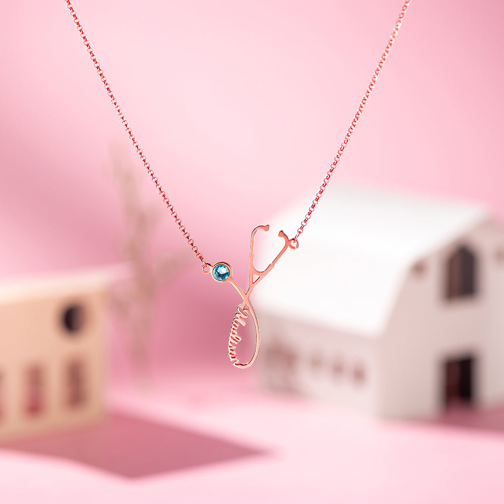 Personalized Stethoscope Name Necklace with Birthstone