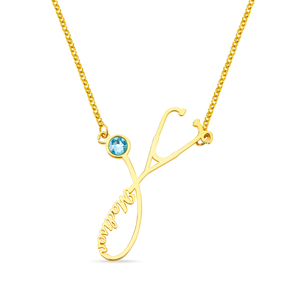 Personalized Stethoscope Name Necklace with Birthstone