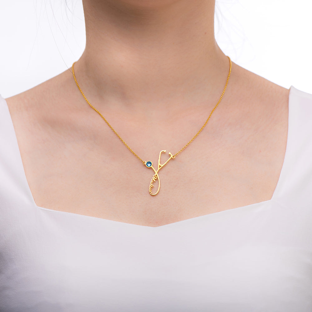 Personalized Stethoscope Name Necklace with Birthstone