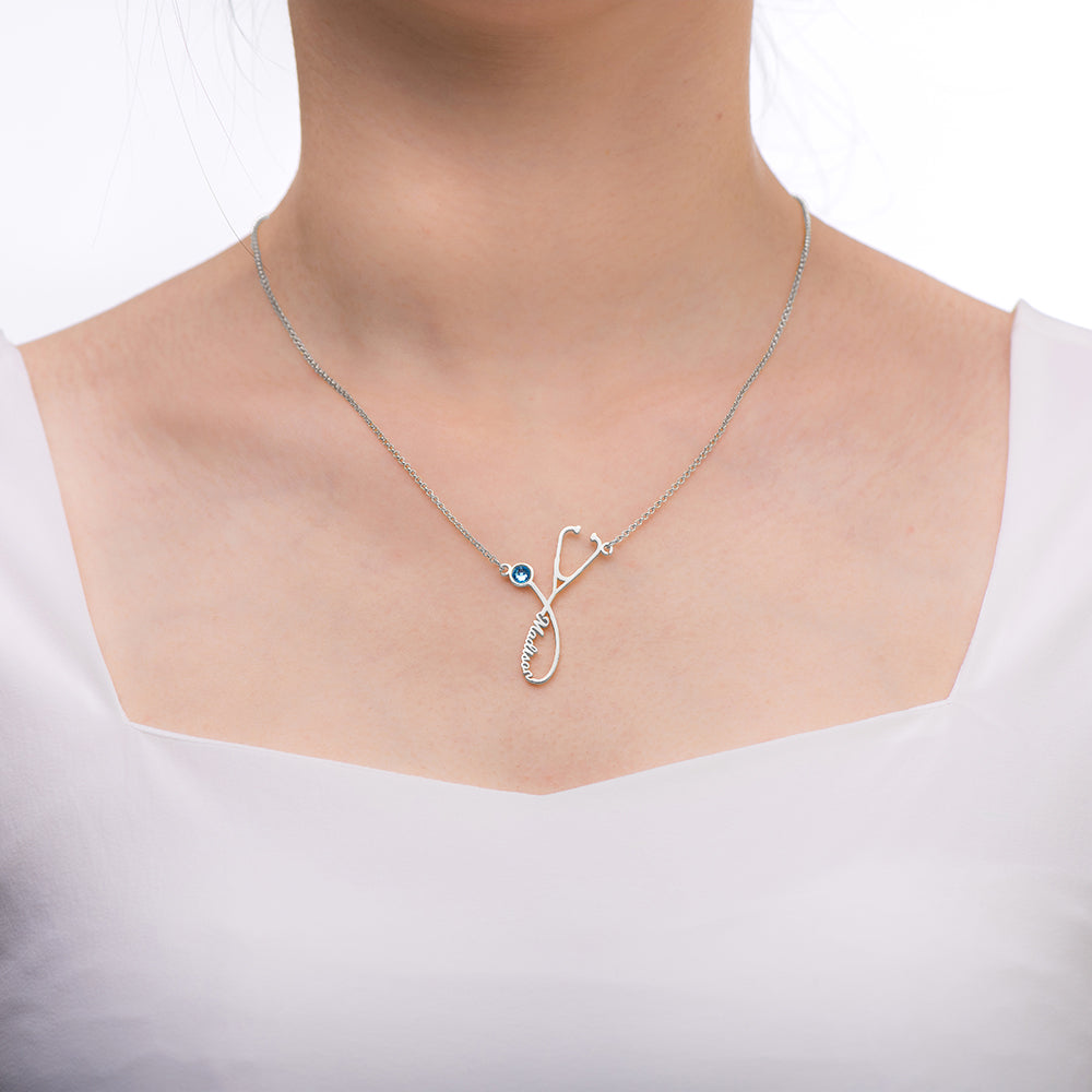 Personalized Stethoscope Name Necklace with Birthstone