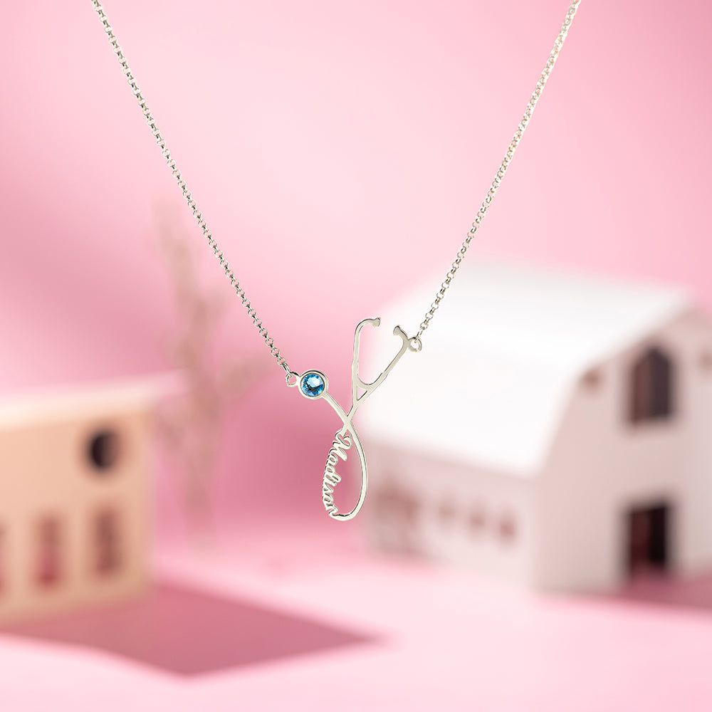 Personalized Stethoscope Name Necklace with Birthstone
