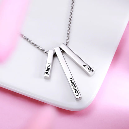 Engraved Triple 3D Vertical Bar Necklace Stainless Steel