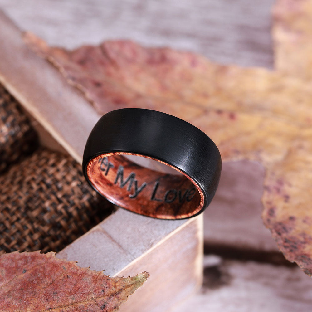 Engraved Black Wooden Tungsten Steel Ring With Ring Box