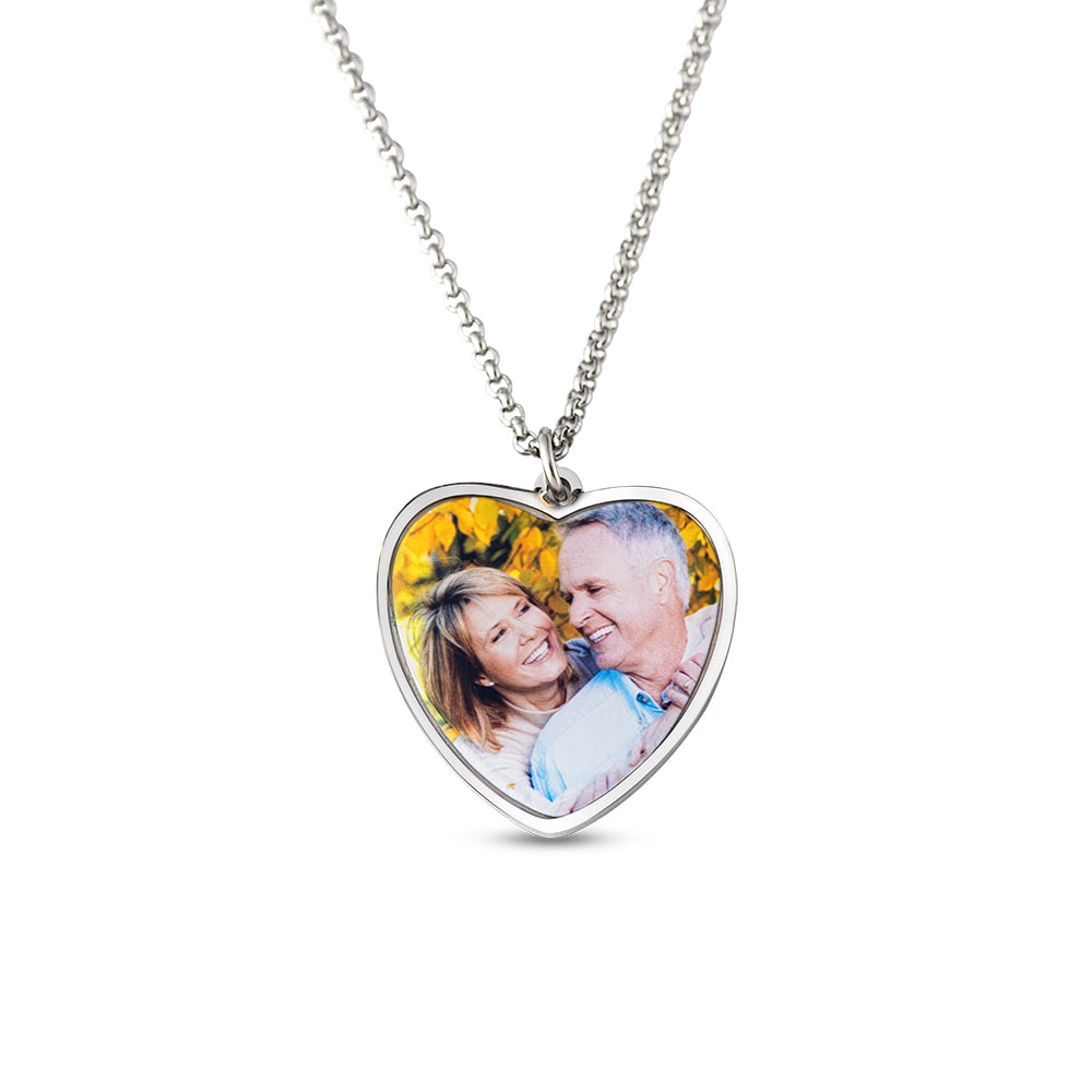 Engraved Heart Shape Photo Necklace Stainless Steel