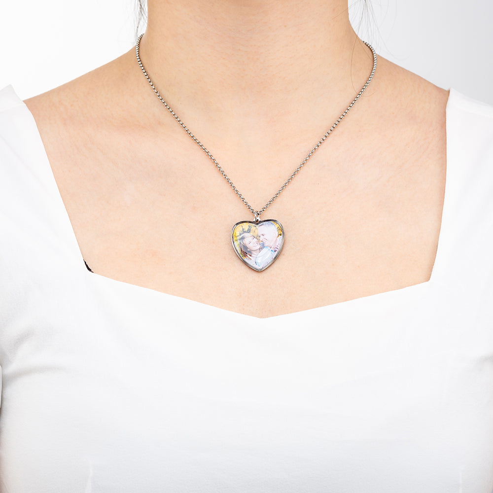 Engraved Heart Shape Photo Necklace Stainless Steel