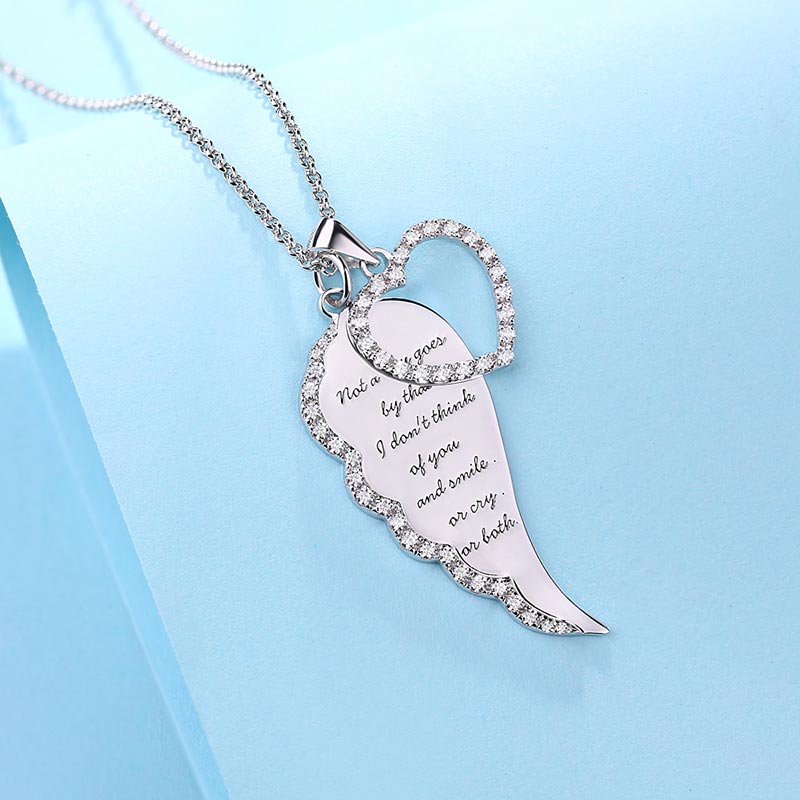 Personalized Angel Wing Heart Necklace Silver