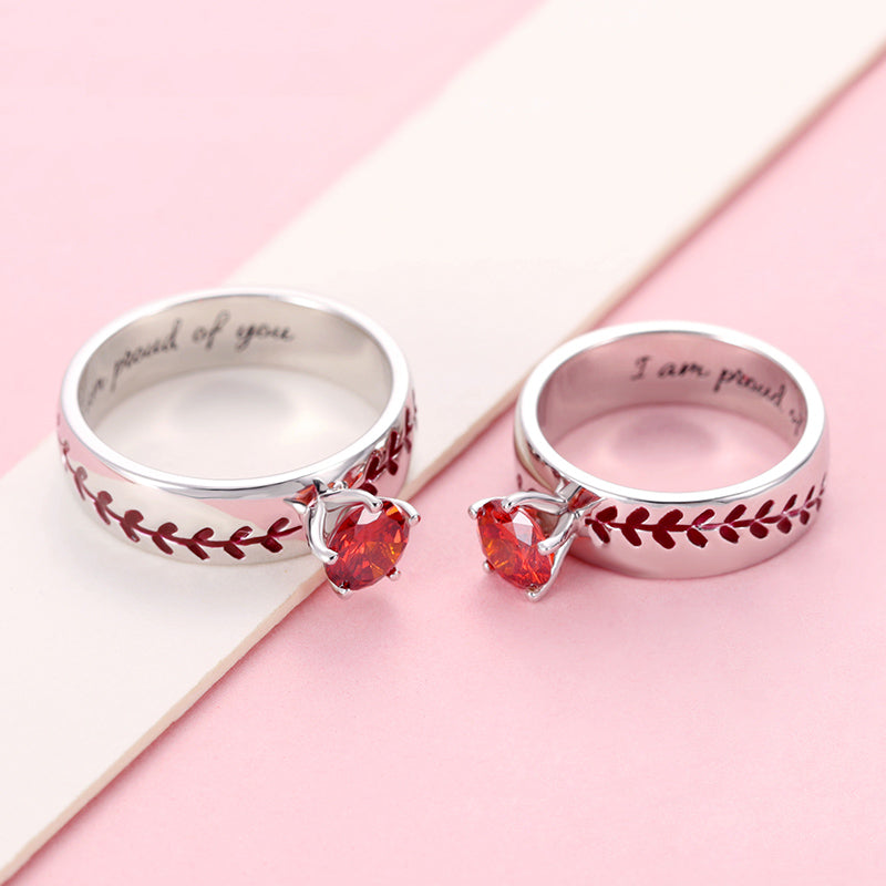 Engraved Baseball Texture Solitaire Birthstone Ring