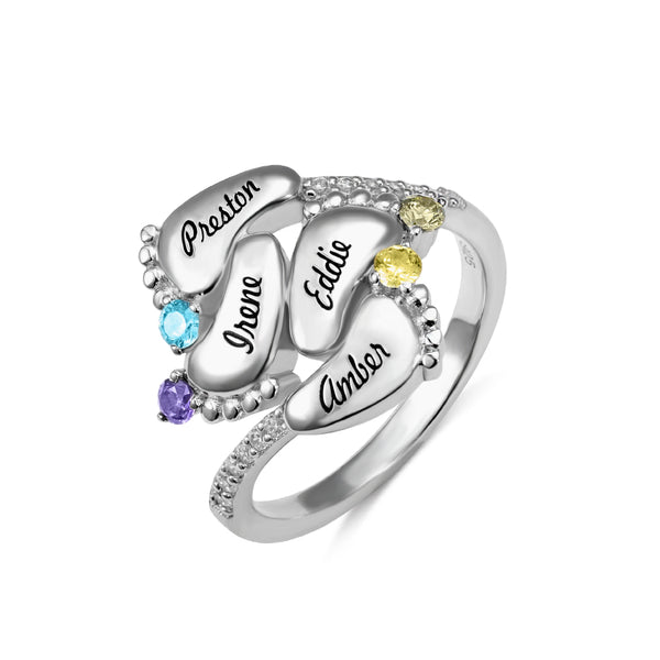 Engraved Baby Feet Ring with Birthstone - 4 Baby Feet
