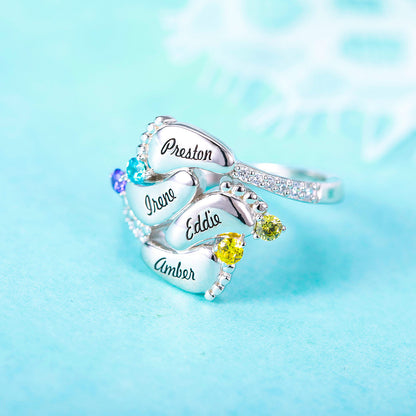 Engraved Baby Feet Ring with Birthstone - 4 Baby Feet