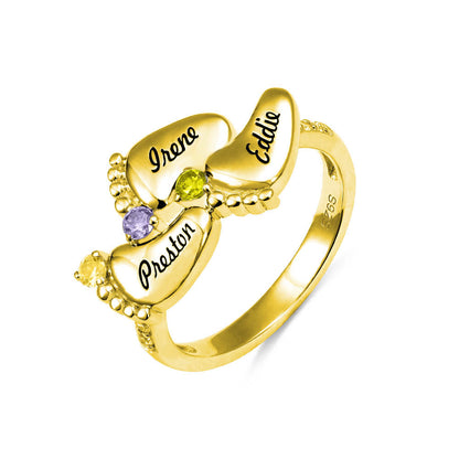 Engraved 3 Baby Feet Name Ring with Birthstone