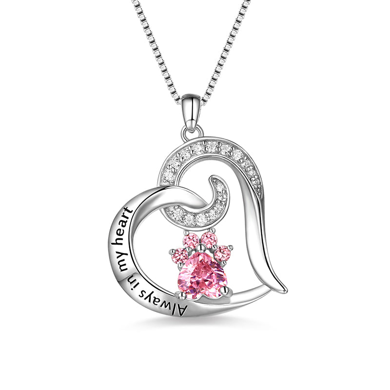 Engraved "Always in My Heart" Paw Print Birthstone Memorial Necklace