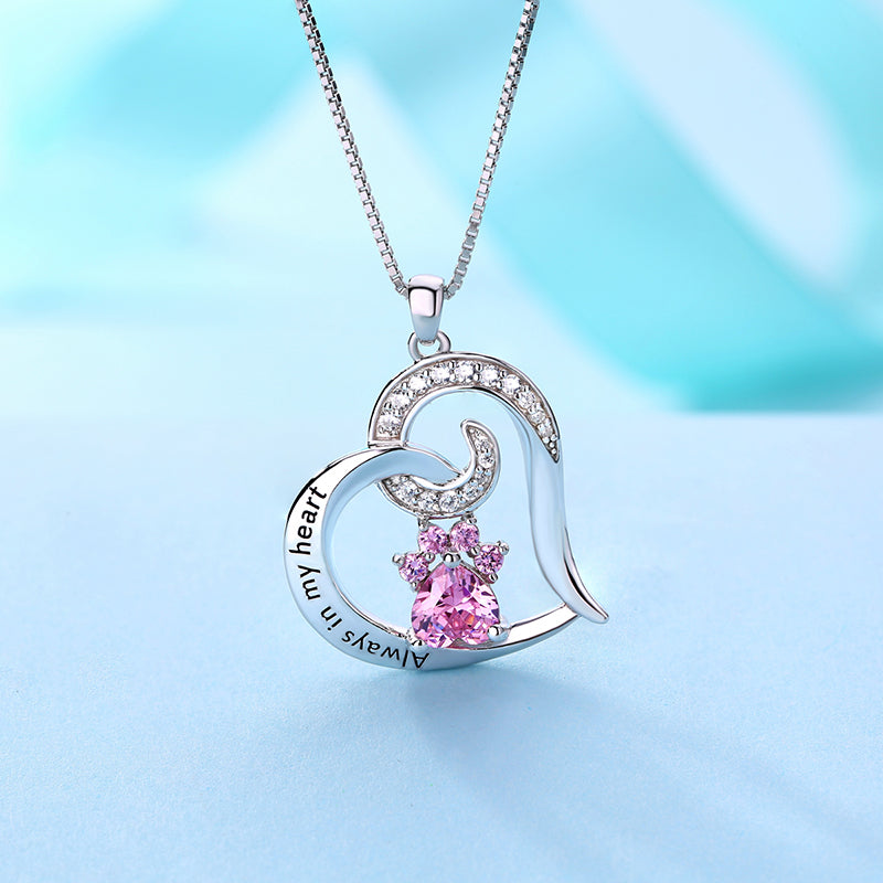 Engraved "Always in My Heart" Paw Print Birthstone Memorial Necklace
