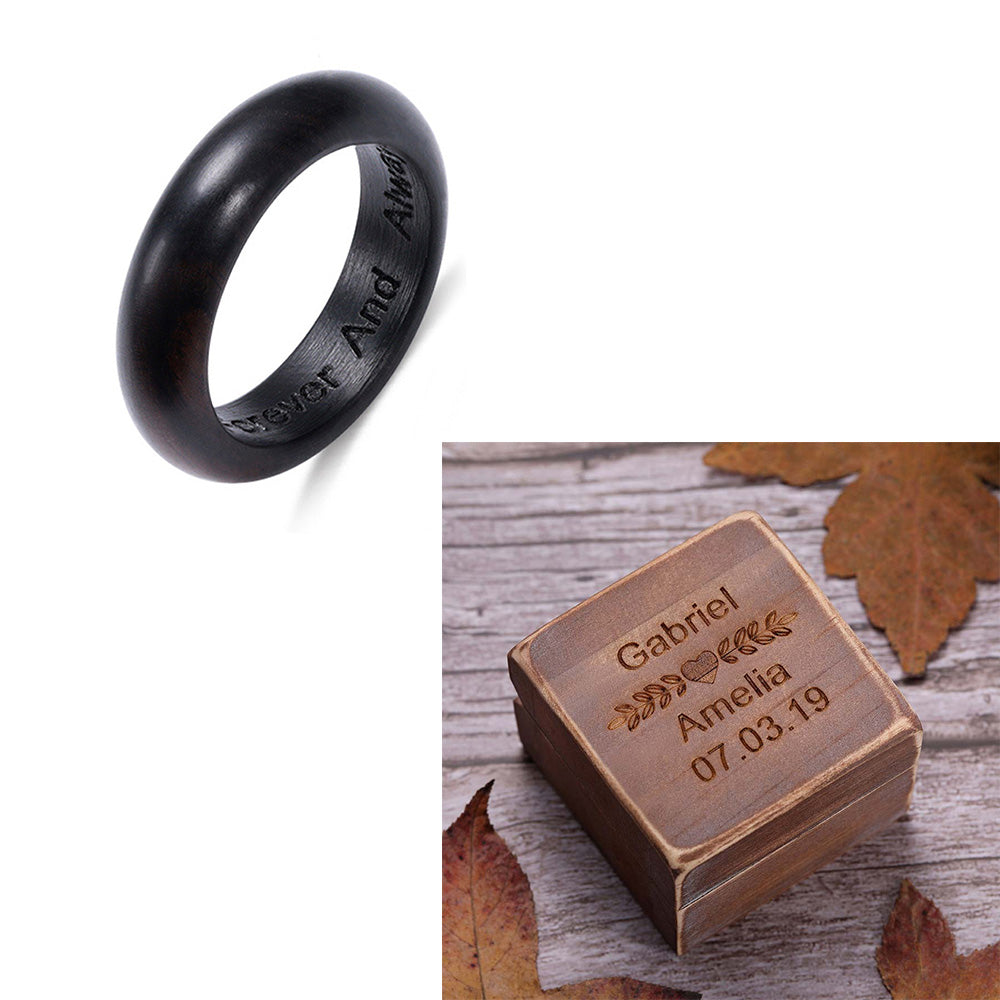 Engraved Black Ebony Round Ring With Ring Box