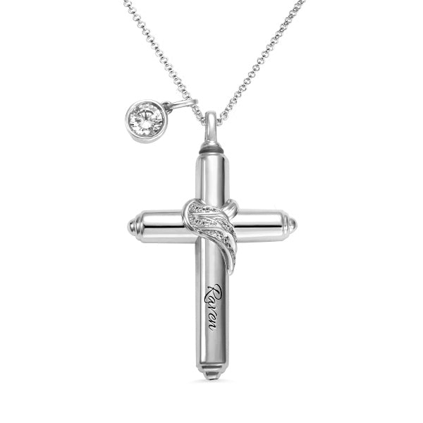 Engraved Cross Keepsake Urn Necklace in Silver