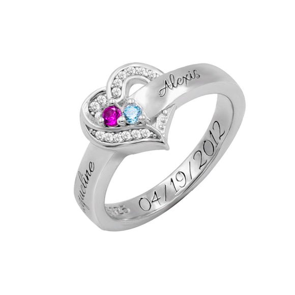 Personalized Heart 2 Birthstones Ring Family Ring Gift for Her
