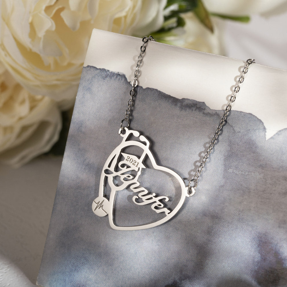 Personalized Heart Stethoscope Name Necklace Sterling Silver