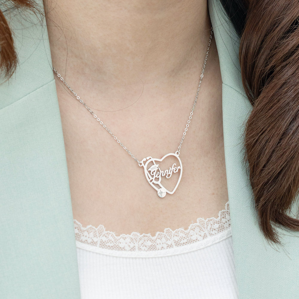 Personalized Heart Stethoscope Name Necklace Sterling Silver