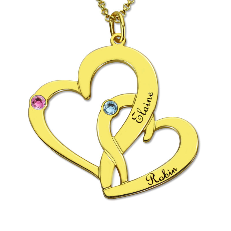 Interlocking Two-Heart Necklace with Names & Birthstones