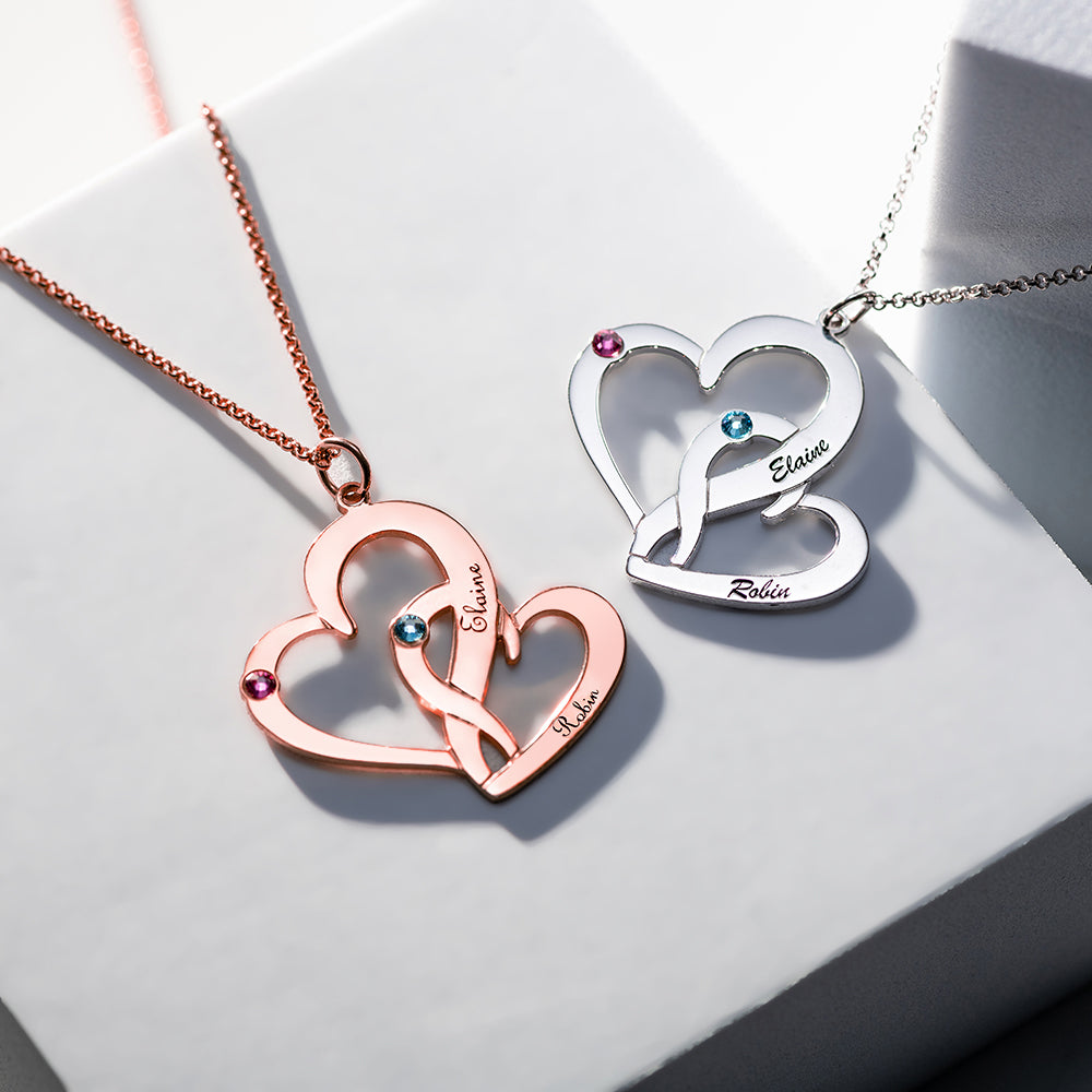 Interlocking Two-Heart Necklace with Names & Birthstones