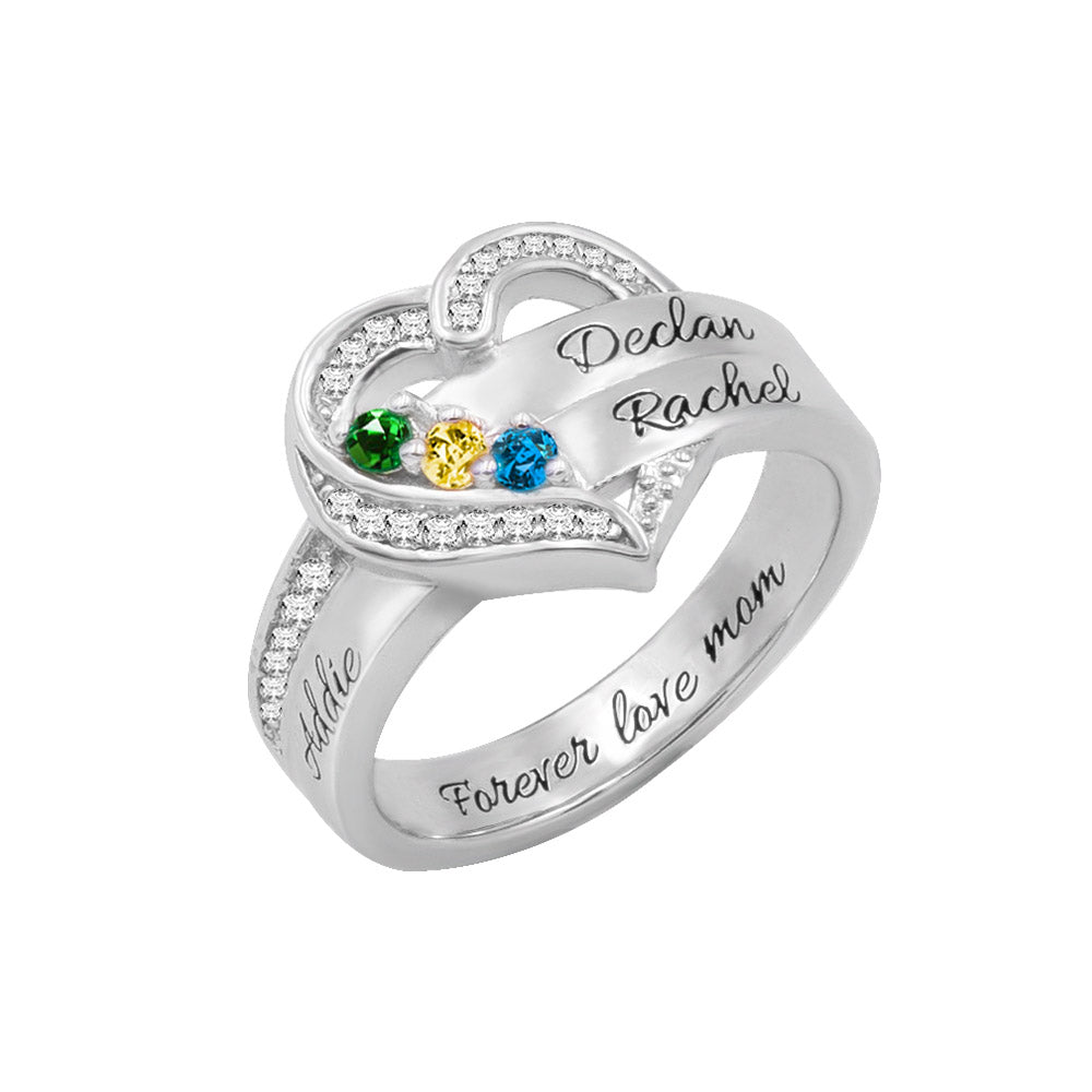 Personalized Heart 3 Birthstones Ring Family Ring Gift for Her